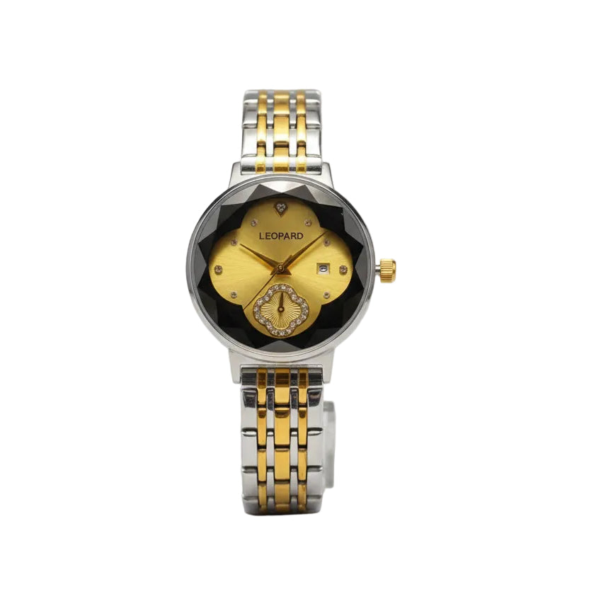 Leopard Women’s Two-Tone Gold & Silver Watch – Faceted Diamond-Cut Glass with Gold Sunray Dial & Date Window