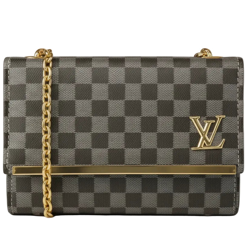 Luxury Checkered Crossbody Bag with Gold Hardware - Damier Graphite Style Envelope Clutch