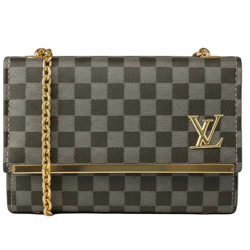 Luxury Checkered Crossbody Bag with Gold Hardware - Damier Graphite Style Envelope Clutch LAB BEAUTY