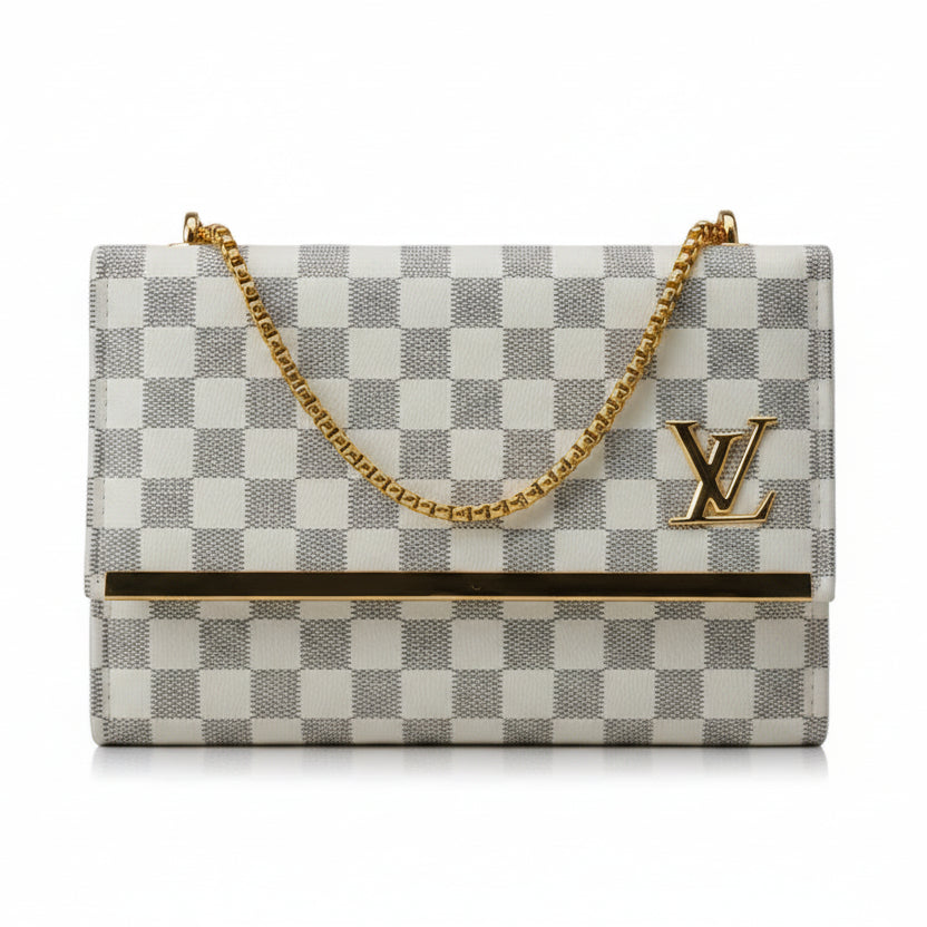 Luxury Checkered Crossbody Bag with Gold Hardware - Damier Graphite Style Envelope Clutch