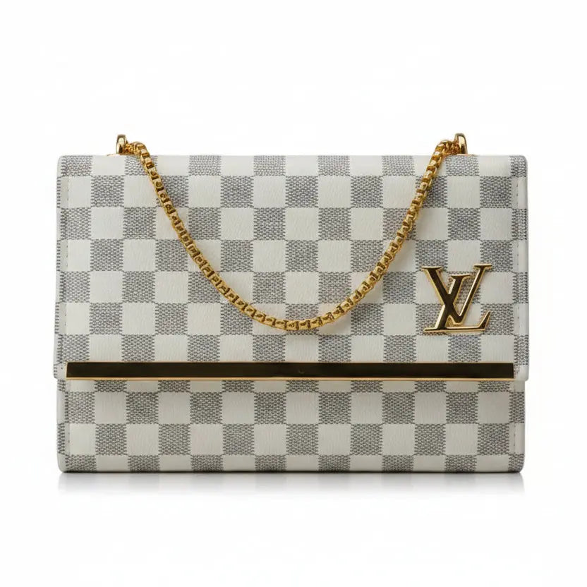 Luxury Checkered Crossbody Bag with Gold Hardware - Damier Graphite Style Envelope Clutch LAB BEAUTY