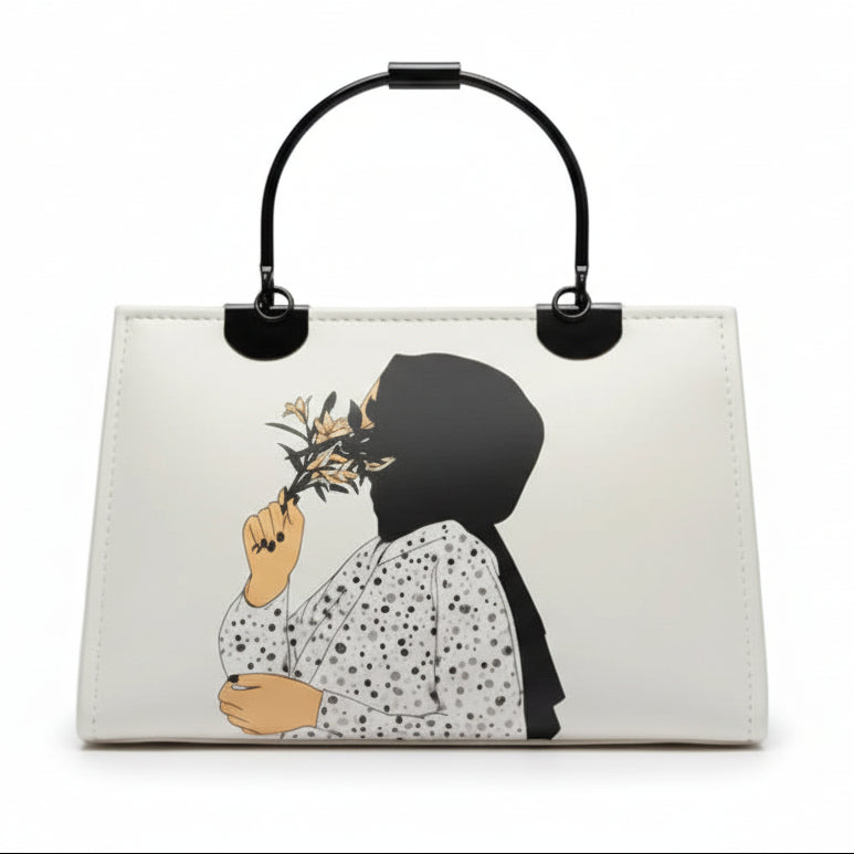 "Floral Hijabi" Illustration Box Bag - Handcrafted Aesthetic Tote