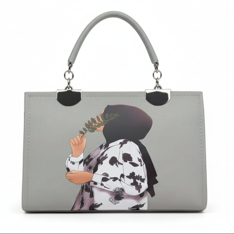 "Floral Hijabi" Illustration Box Bag - Handcrafted Aesthetic Tote