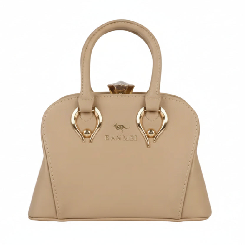 BAN MEI Elegant Half-Moon Top Handle Bag – Off-White Dome Satchel with Crystal Accents