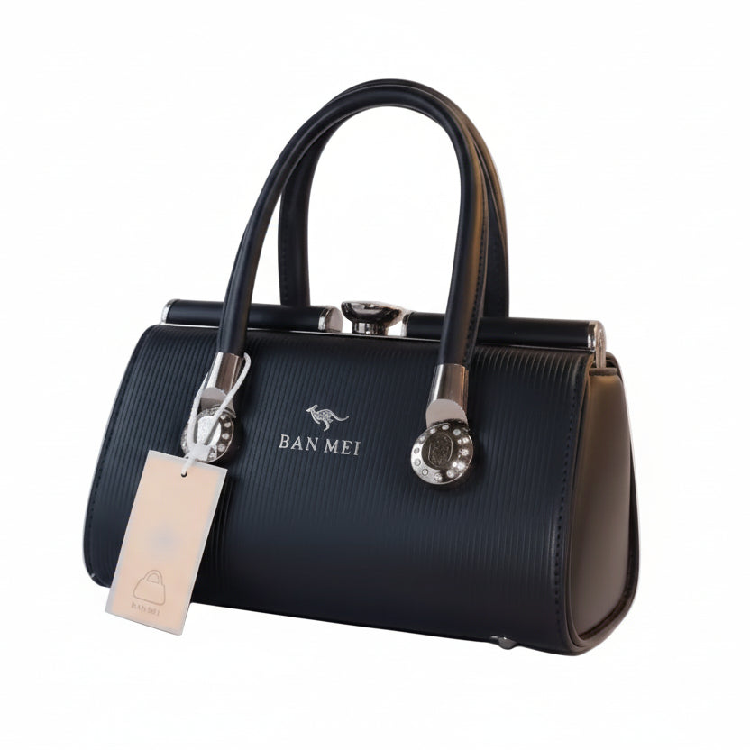 BAN MEI Elegant Half-Moon Top Handle Bag – Off-White Dome Satchel with Crystal Accents