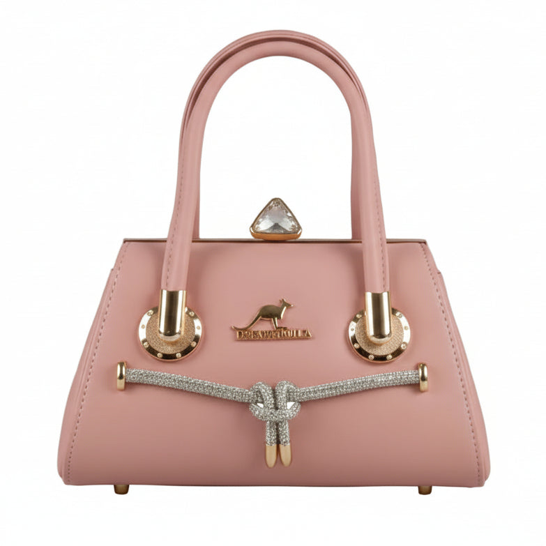 BAN MEI Elegant Half-Moon Top Handle Bag – Off-White Dome Satchel with Crystal Accents