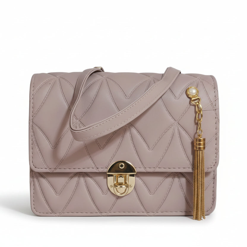 Mauve Quilted Crossbody Bag with Gold Tassel Detail – V-Stitch Designer Style Flap Bag