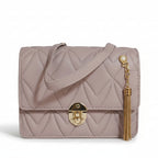 Mauve Quilted Crossbody Bag with Gold Tassel Detail – V-Stitch Designer Style Flap Bag