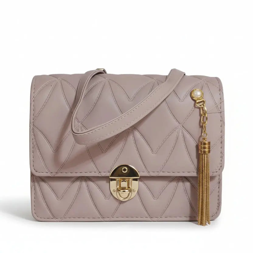 Mauve Quilted Crossbody Bag with Gold Tassel Detail – V-Stitch Designer Style Flap Bag LAB BEAUTY