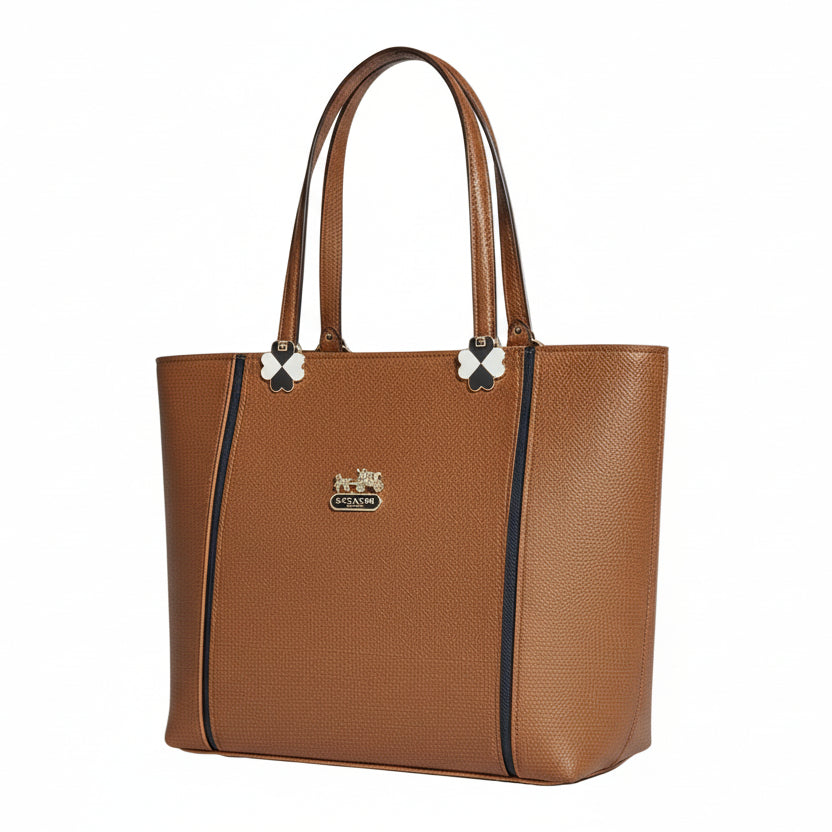 Classic Brown Heritage Tote with Navy Racing Stripes – Designer Style Monogram Shoulder Bag