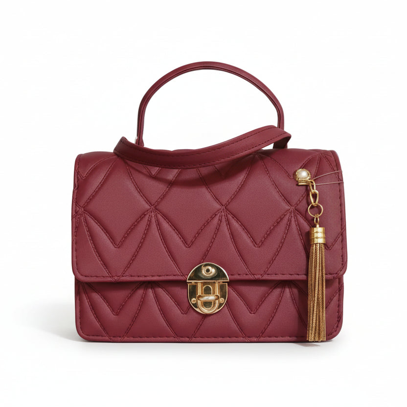 Mauve Quilted Crossbody Bag with Gold Tassel Detail – V-Stitch Designer Style Flap Bag