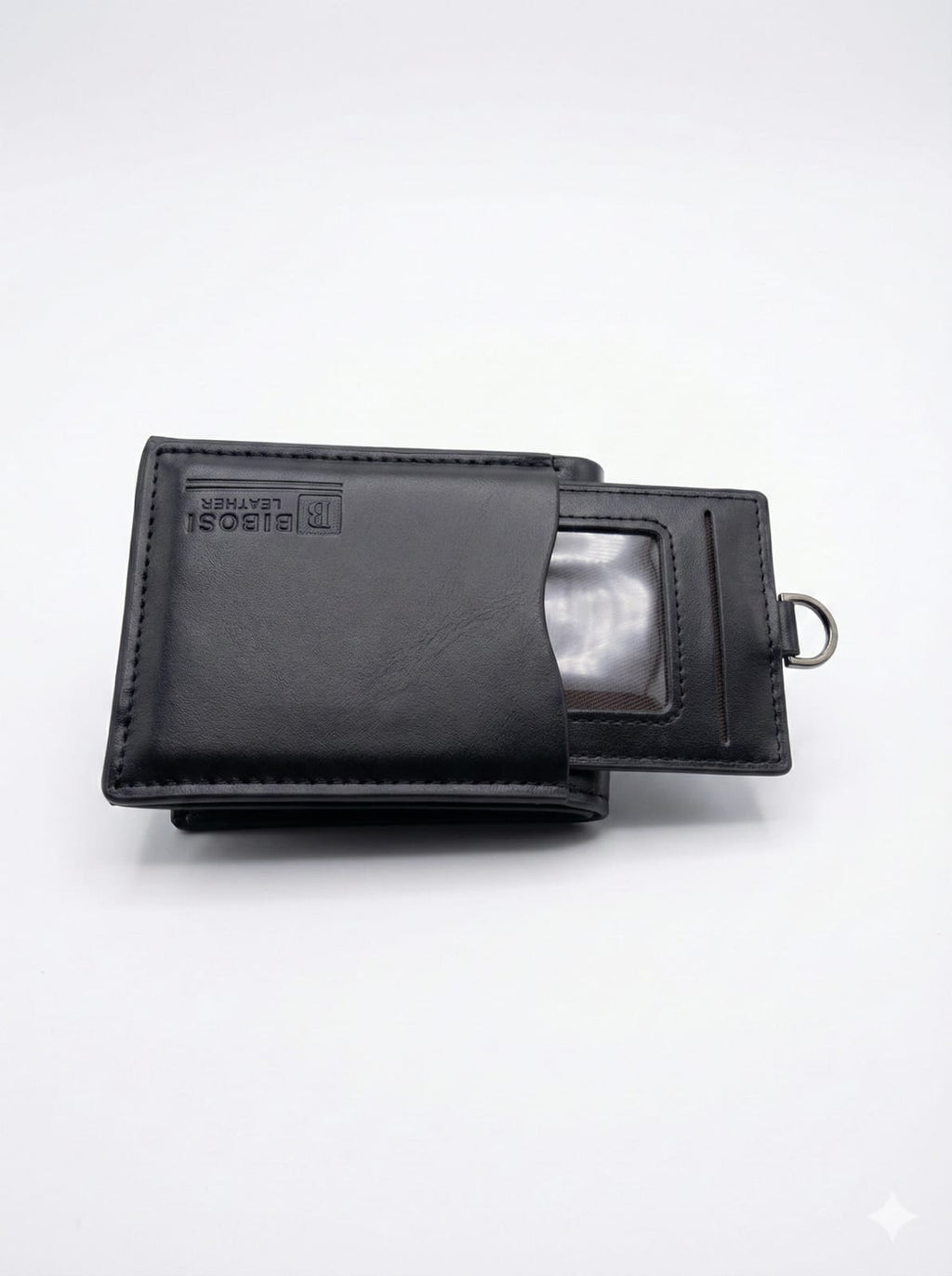 Premium Black Leather Bifold Wallet with Detachable Flip-Out ID Window & D-Ring