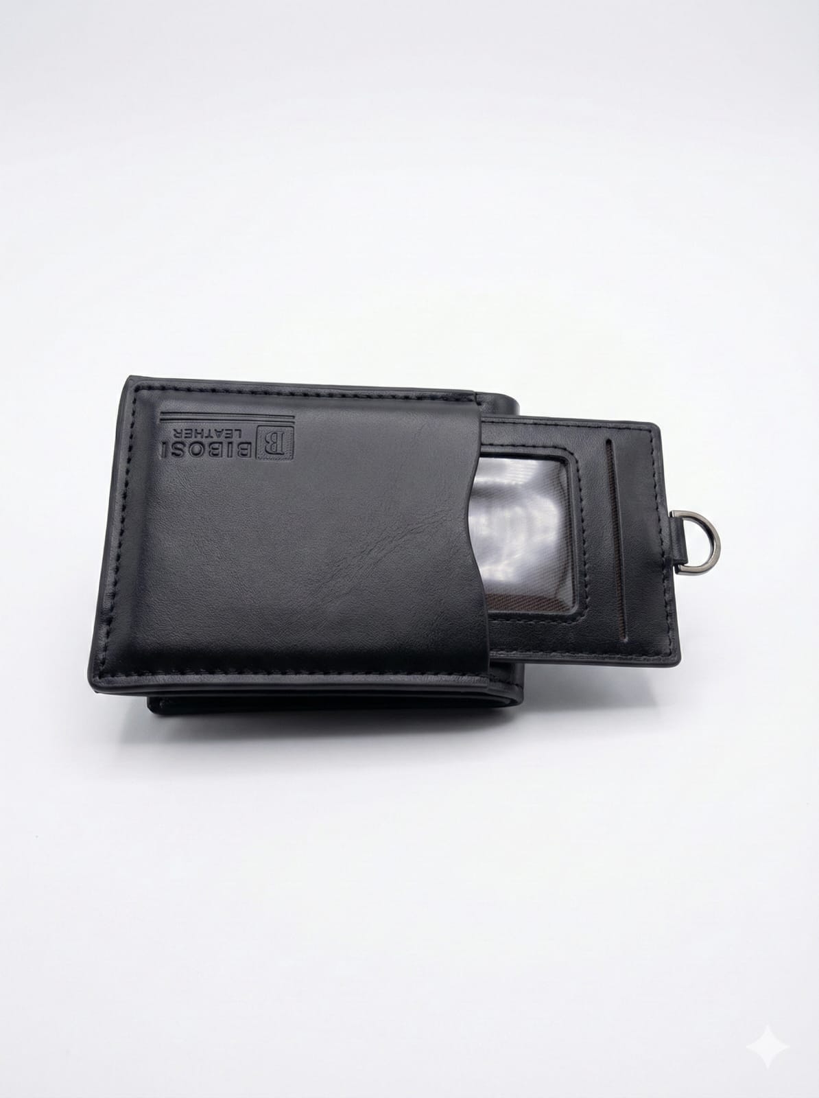Premium Black Leather Bifold Wallet with Detachable Flip-Out ID Window & D-Ring