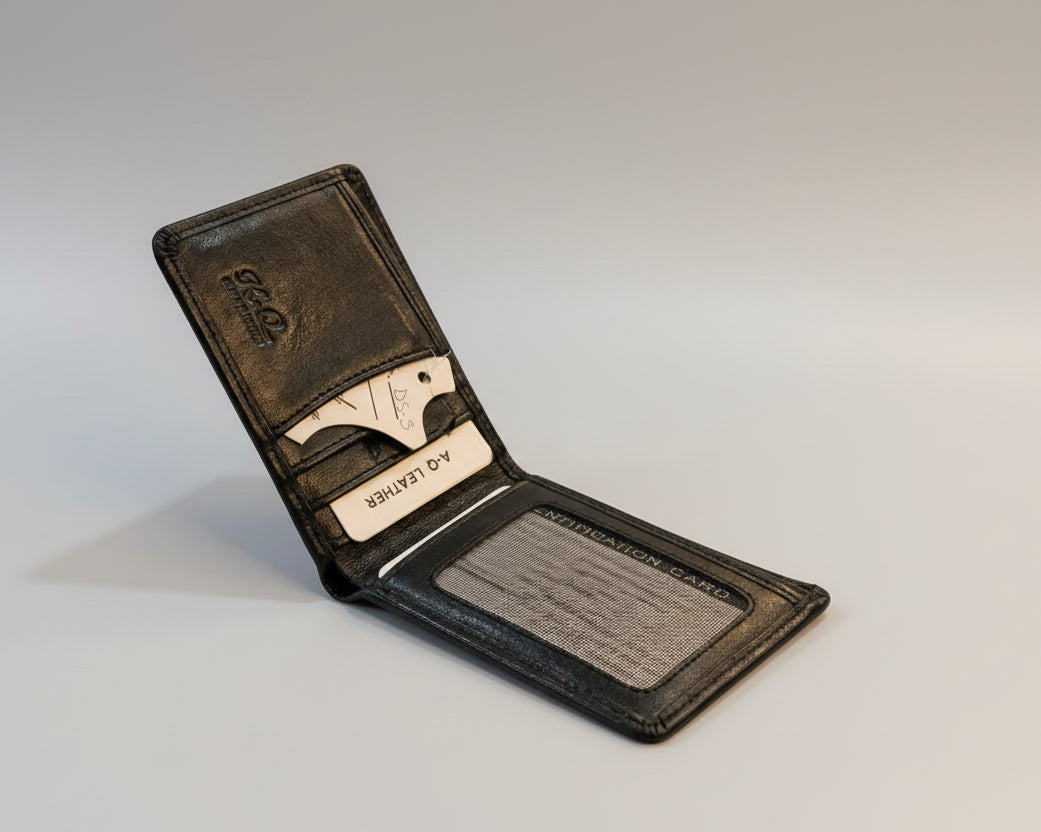 A-Q Leather Vintage Handcrafted Bifold Wallet – Distressed Black Cowhide with Contrast Stitching