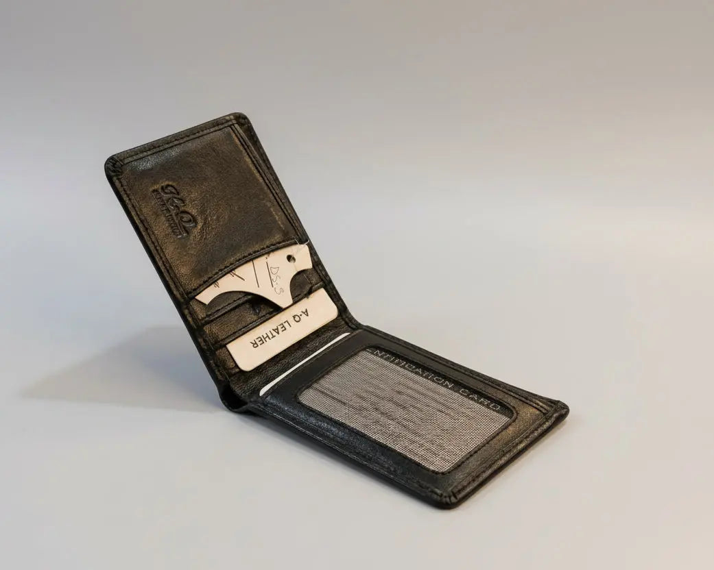 A-Q Leather Vintage Handcrafted Bifold Wallet – Distressed Black Cowhide with Contrast Stitching LAB BEAUTY