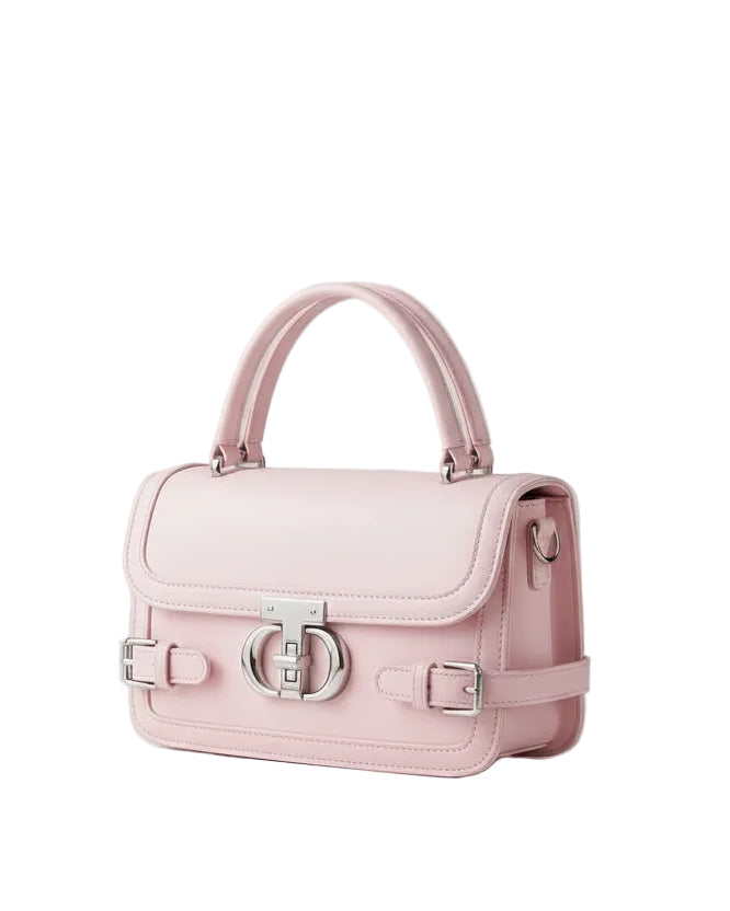 Elegant Blush Pink Top-Handle Bag – Structured Pastel Crossbody with Silver Belt & Clasp Details