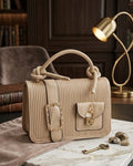 Nude Ribbed Top-Handle Handbag – Designer Style Utility Bag with Gold Chain & Padlock Detail - LAB BEAUTY
