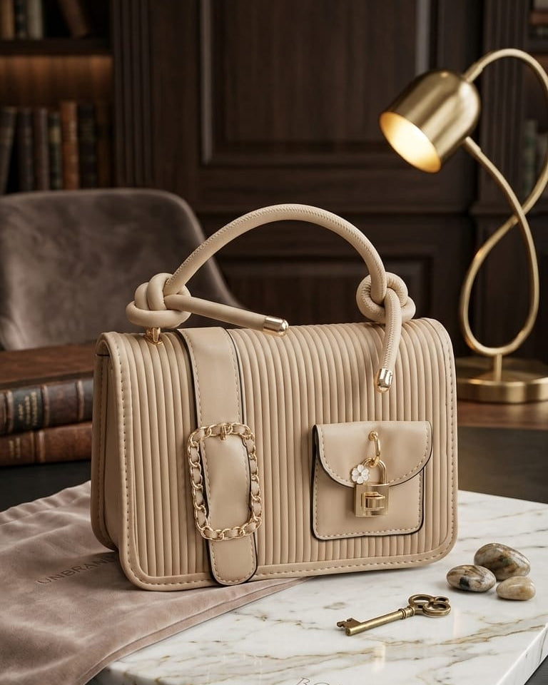 Nude Ribbed Top-Handle Handbag – Designer Style Utility Bag with Gold Chain & Padlock Detail