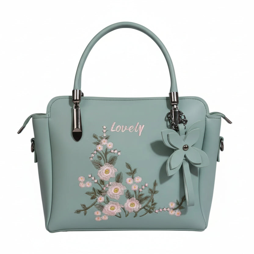 Chic "Lovely" Script Tote – Pastel Blue Faux Leather Bag with Daisy Embroidery