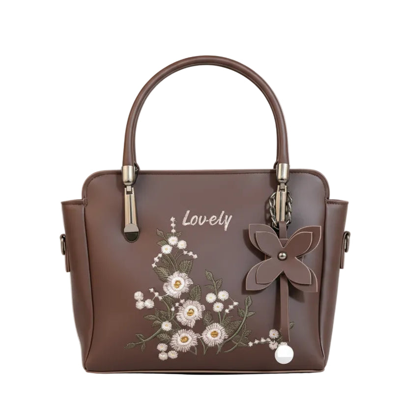 Chic "Lovely" Script Tote – Pastel Blue Faux Leather Bag with Daisy Embroidery