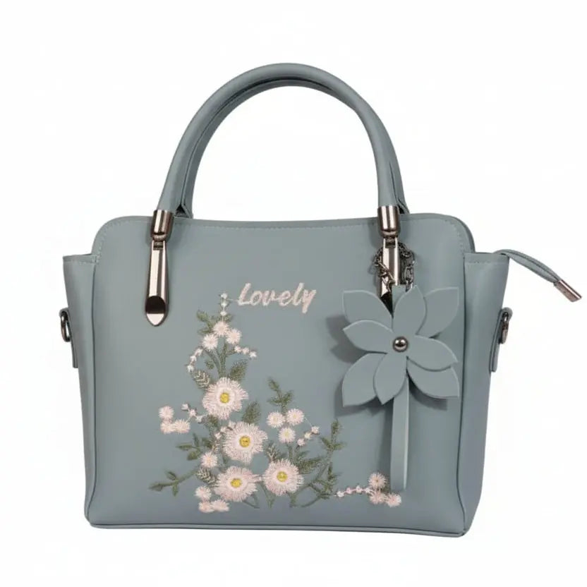 Chic "Lovely" Script Tote – Pastel Blue Faux Leather Bag with Daisy Embroidery LAB BEAUTY