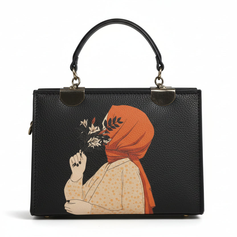 "Floral Hijabi" Illustration Box Bag - Handcrafted Aesthetic Tote