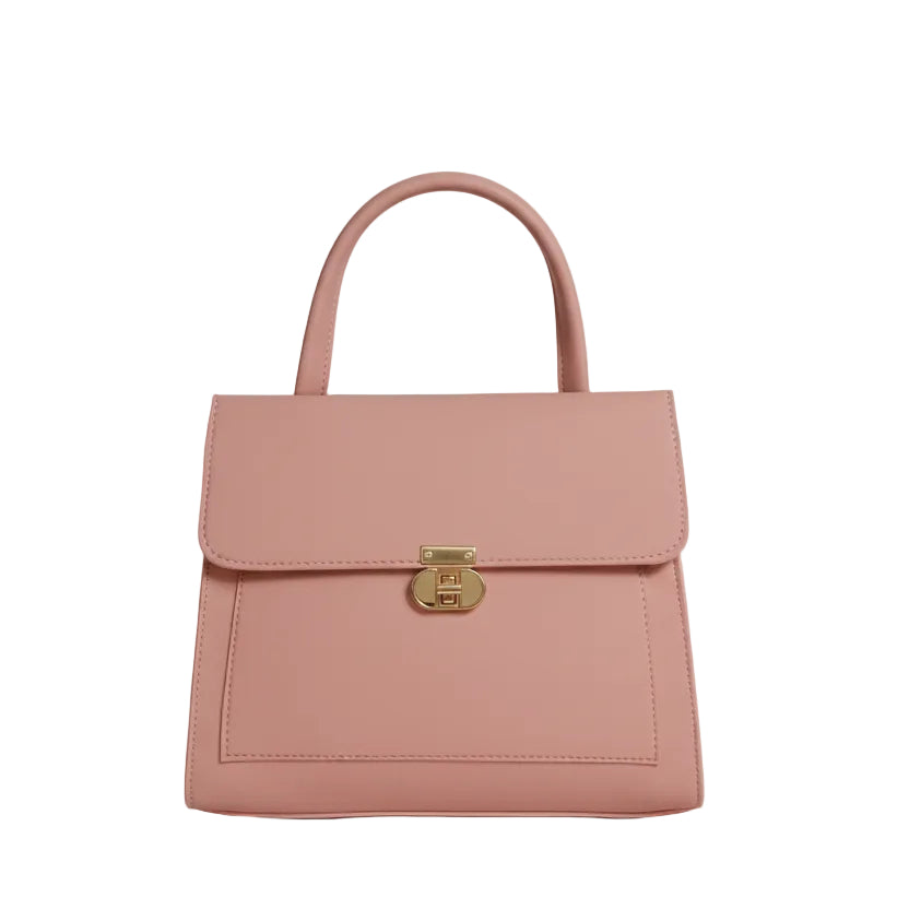 Dusty Rose Structured Top-Handle Satchel – Elegant Professional Handbag with Gold Turn-Lock