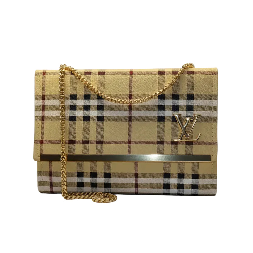 Luxury Checkered Crossbody Bag with Gold Hardware - Damier Graphite Style Envelope Clutch