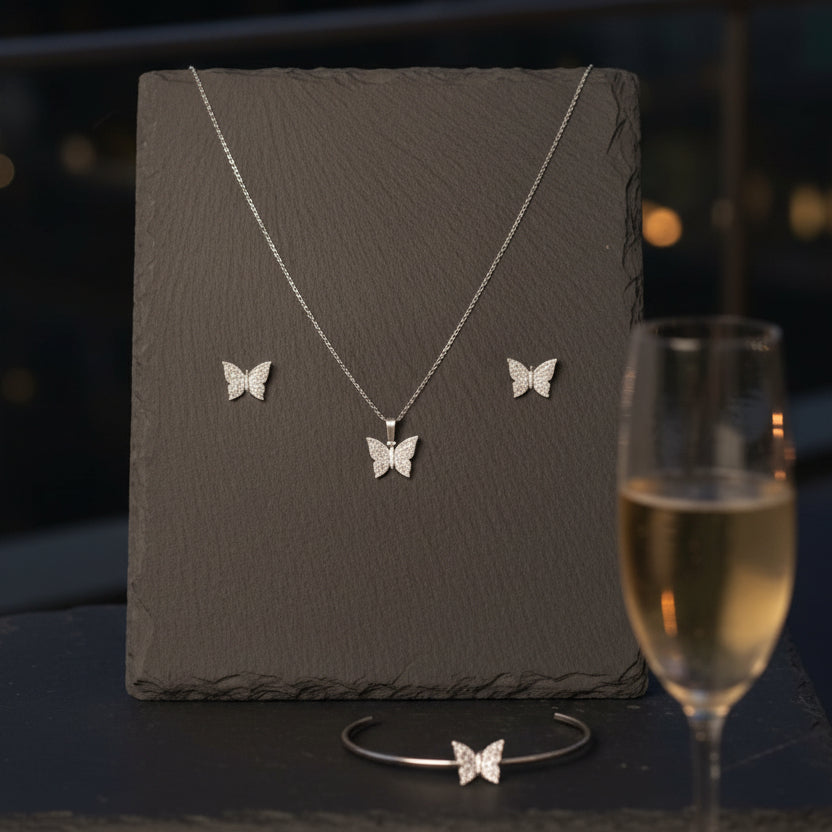 Elegant Butterfly Jewelry Set – Necklace, Stud Earrings & Bracelet (Silver Finish)