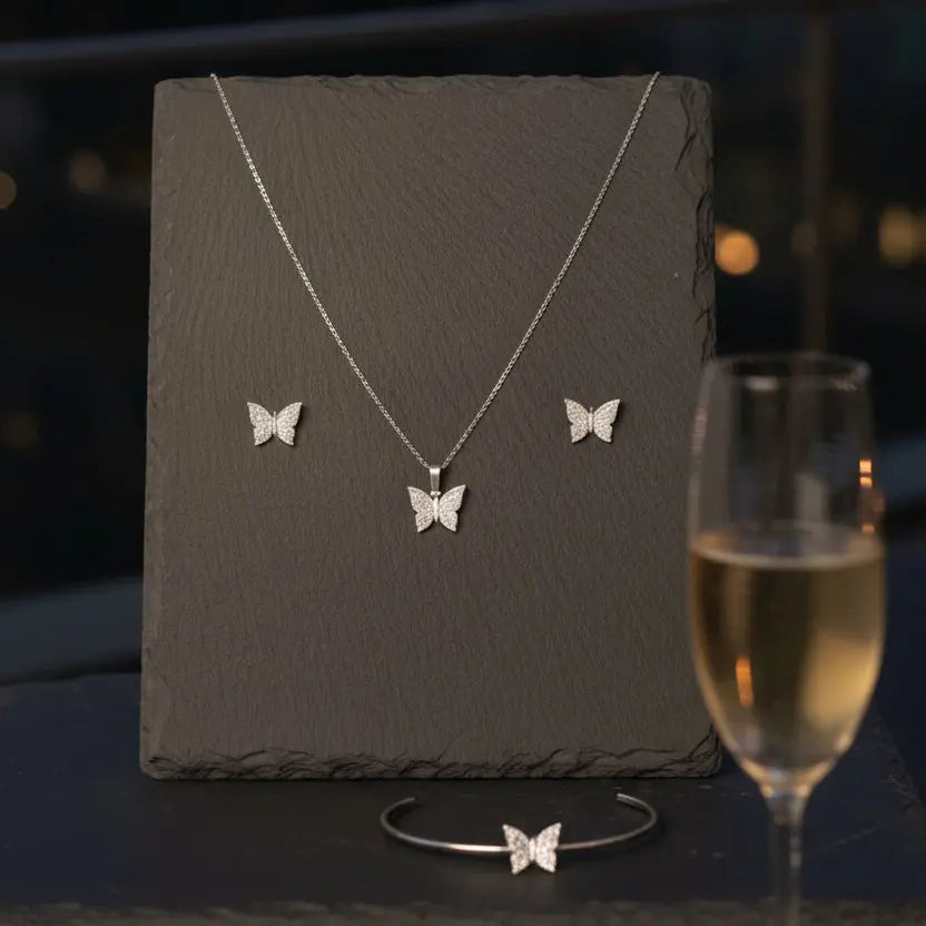 Elegant Butterfly Jewelry Set – Necklace, Stud Earrings & Bracelet (Silver Finish) LAB BEAUTY