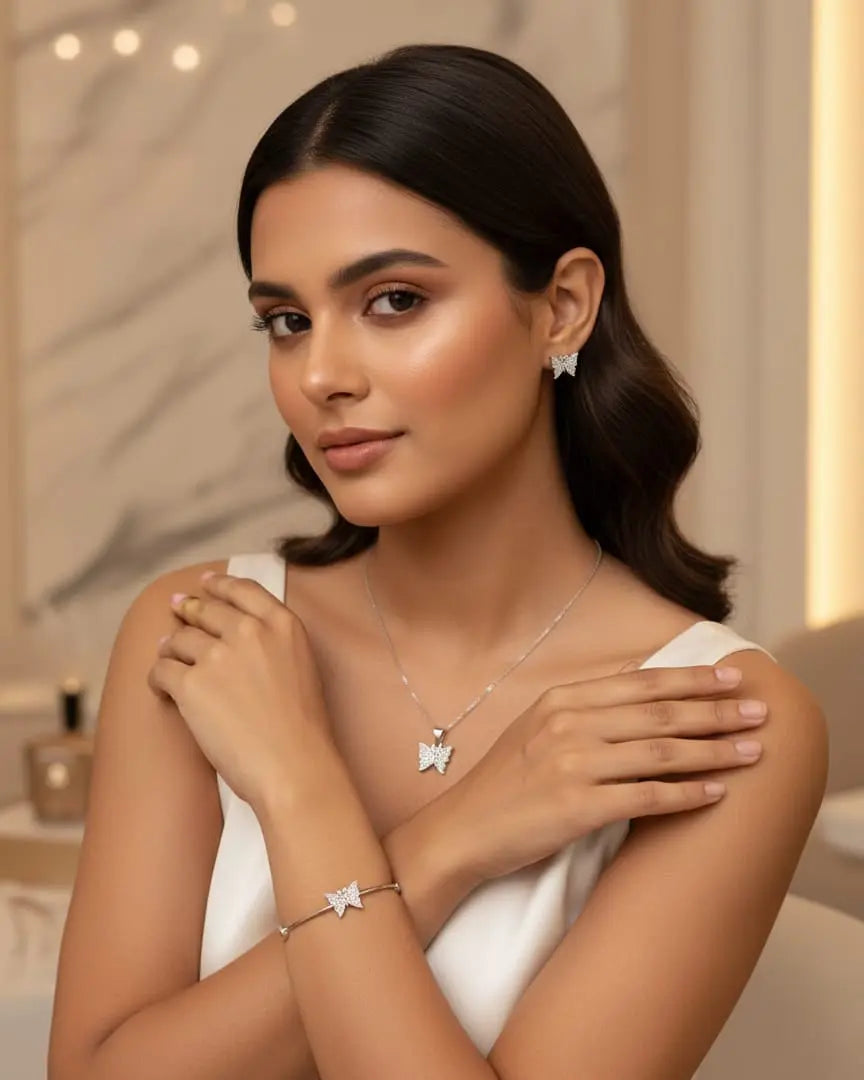 Elegant Butterfly Jewelry Set – Necklace, Stud Earrings & Bracelet (Silver Finish) LAB BEAUTY
