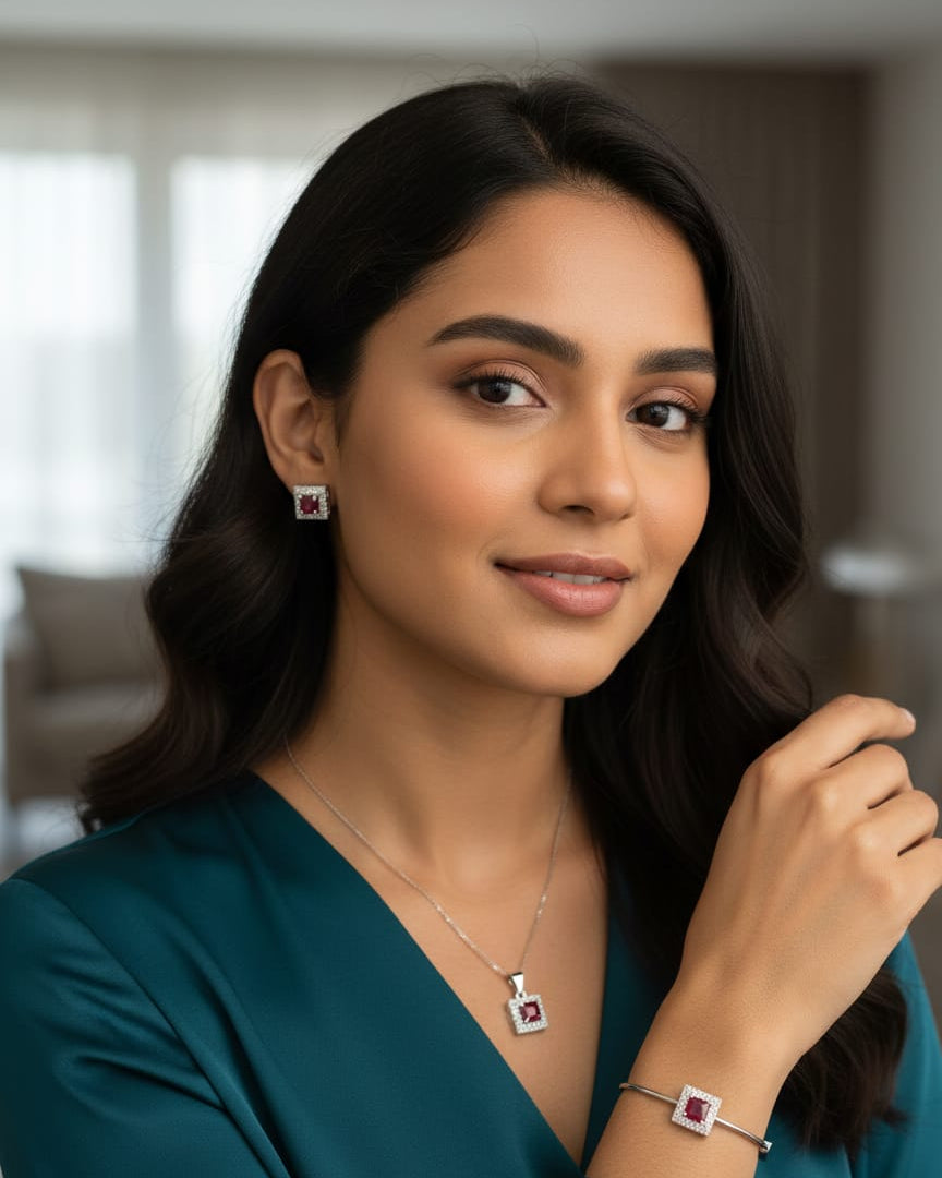 Elegant Square Ruby-Style Jewelry Set – Necklace, Stud Earrings & Bracelet