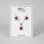 Elegant Square Ruby-Style Jewelry Set – Necklace, Stud Earrings & Bracelet
