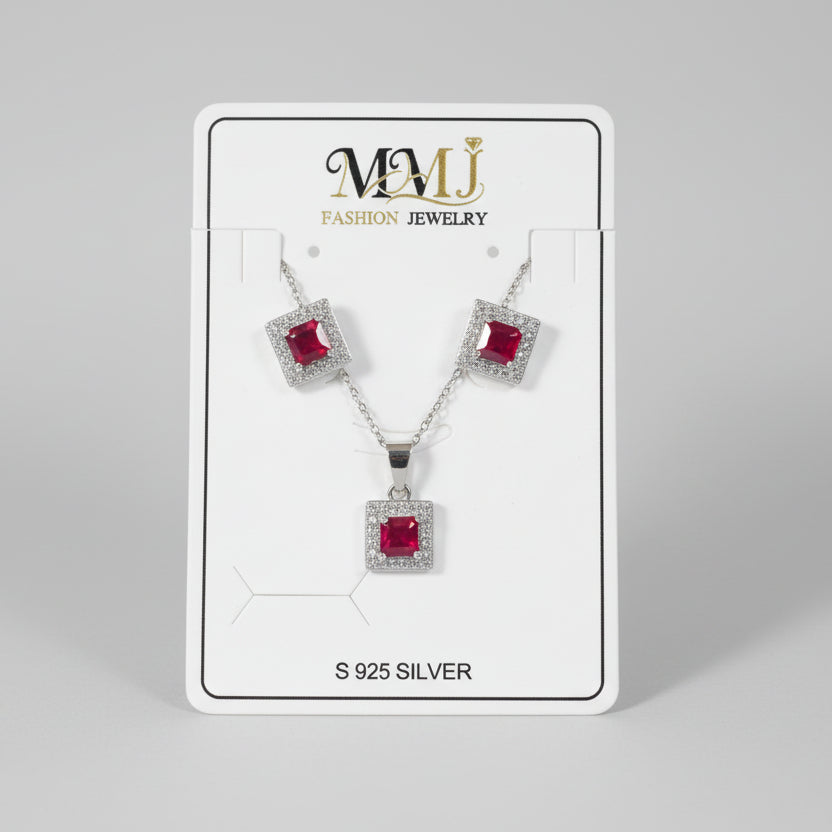 Elegant Square Ruby-Style Jewelry Set – Necklace, Stud Earrings & Bracelet