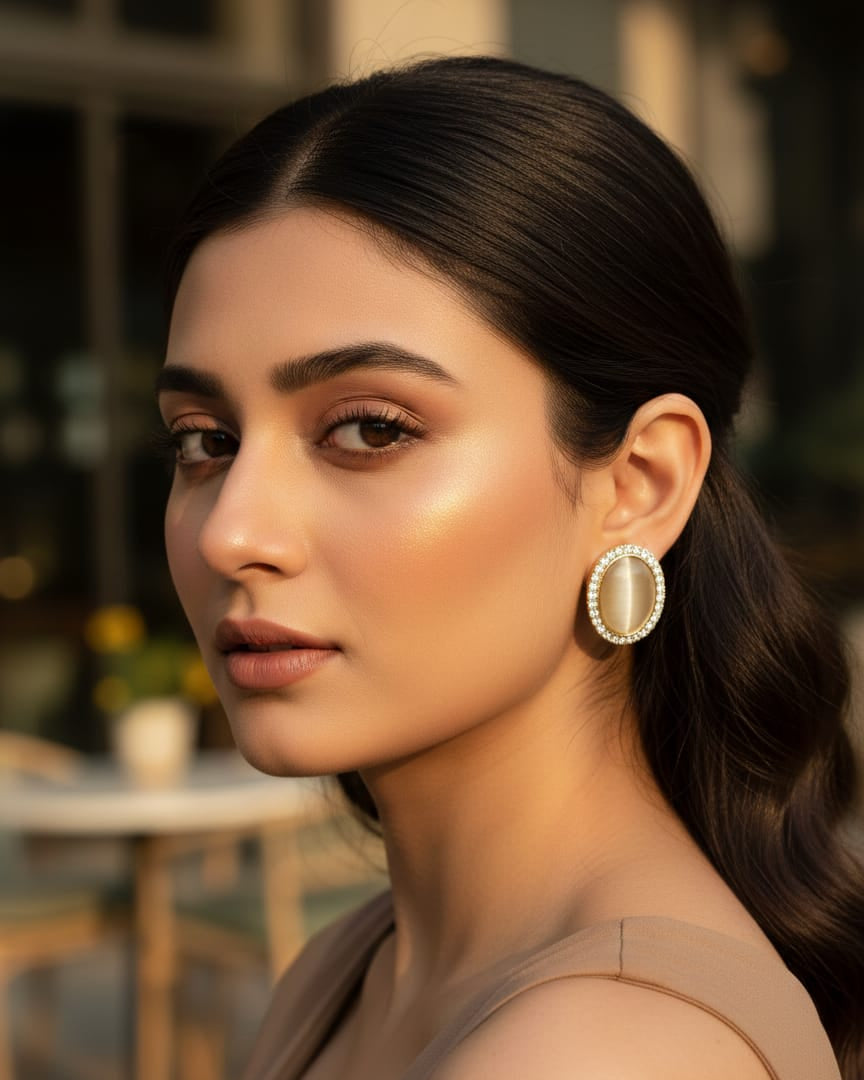 Elegant Oval Stone Stud Earrings with Crystal Border – Gold Finish