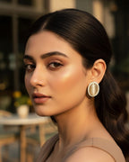 Elegant Oval Stone Stud Earrings with Crystal Border – Gold Finish