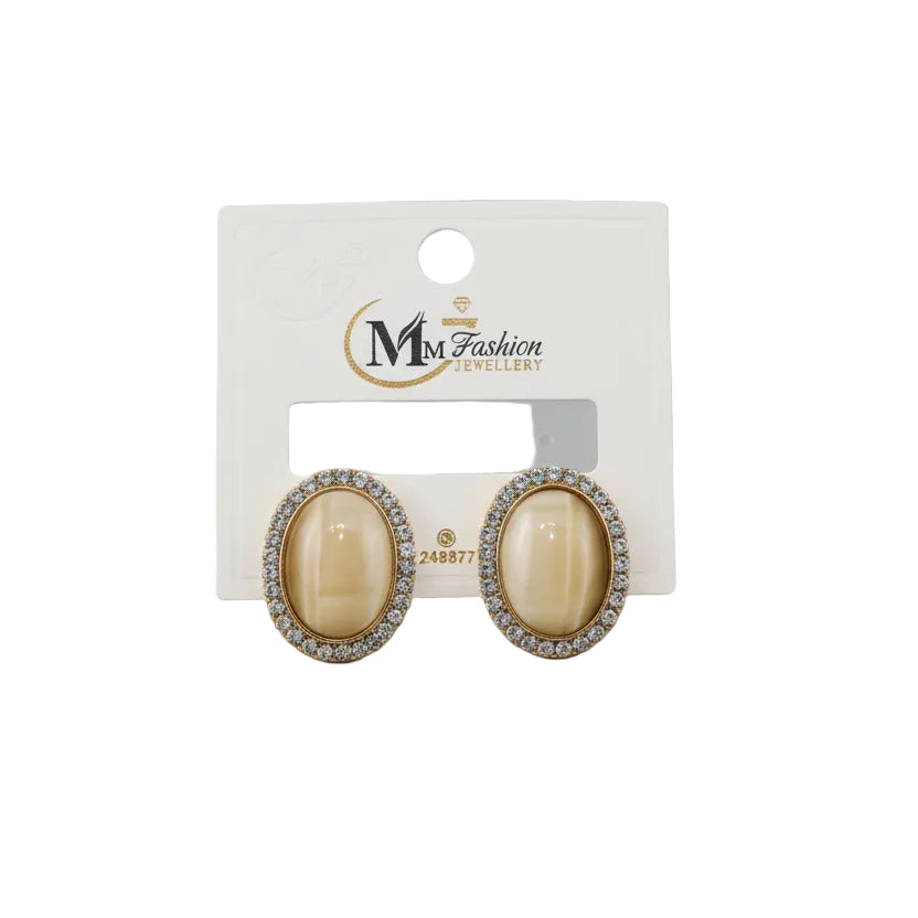Elegant Oval Stone Stud Earrings with Crystal Border – Gold Finish