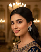 Elegant Oval Stone Stud Earrings with Crystal Border – Silver Finish