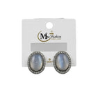 Elegant Oval Stone Stud Earrings with Crystal Border – Silver Finish