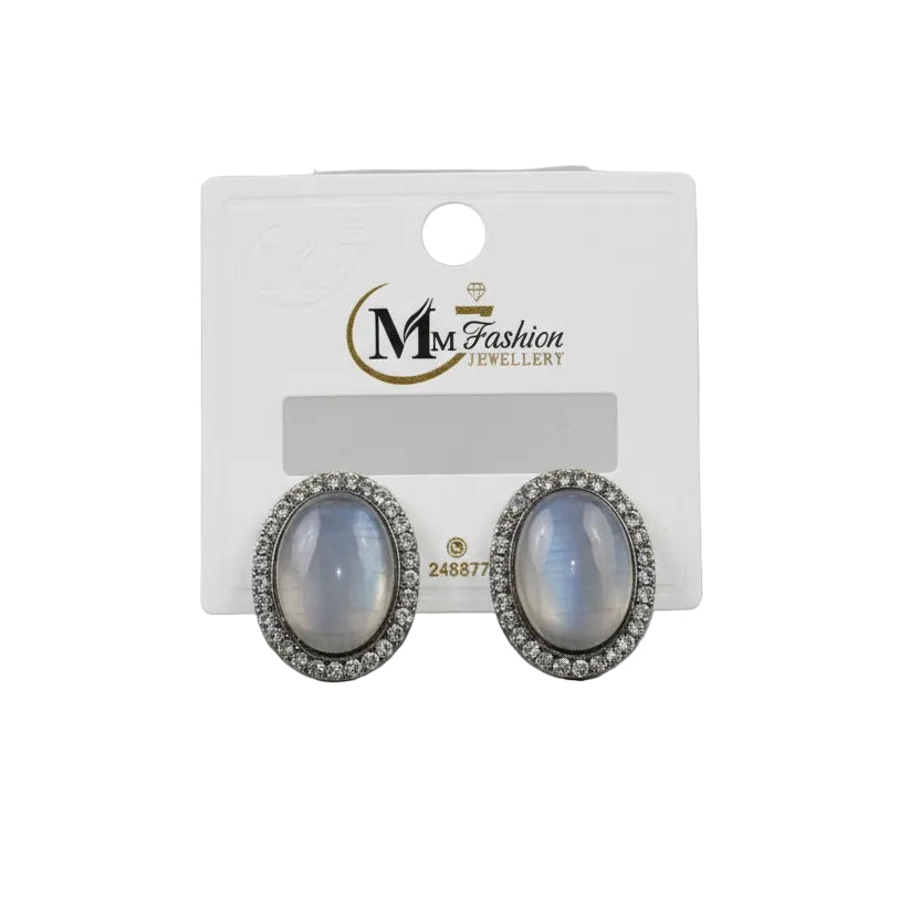 Elegant Oval Stone Stud Earrings with Crystal Border – Silver Finish