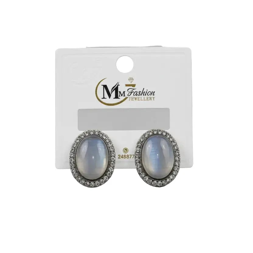 Elegant Oval Stone Stud Earrings with Crystal Border – Silver Finish LAB BEAUTY