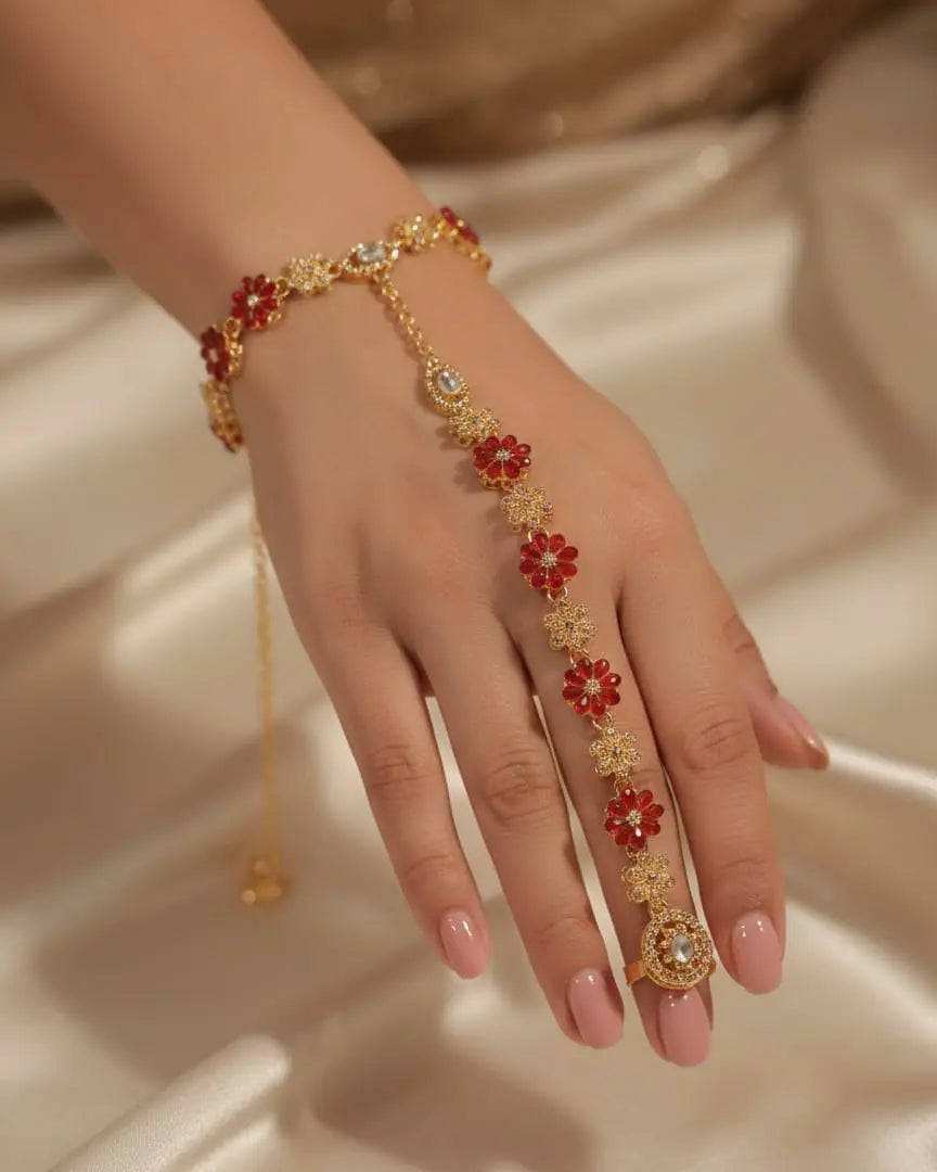 Red & Golden Hath Phool – Bridal & Traditional Hand Jewelry LAB BEAUTY