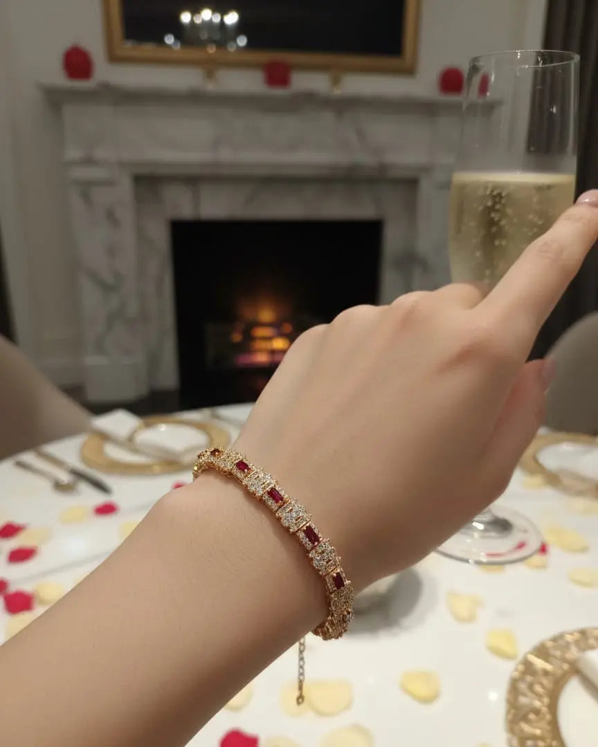 Luxury Gold-Tone Tennis Bracelet – Ruby Red & Clear Crystal Links LAB BEAUTY