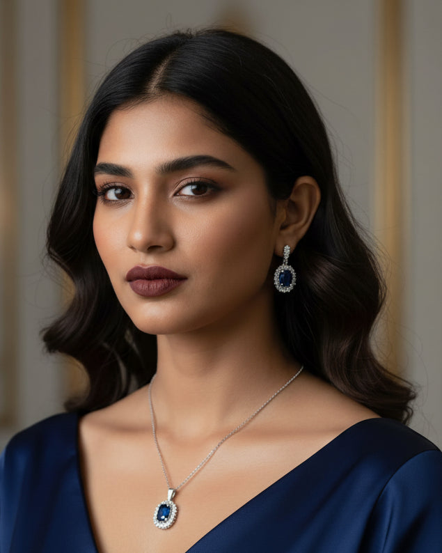 Classic Silver-Tone Sapphire Blue Oval Pendant and Earrings Set