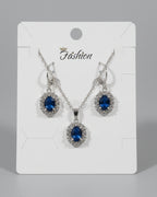 Classic Silver-Tone Sapphire Blue Oval Pendant and Earrings Set