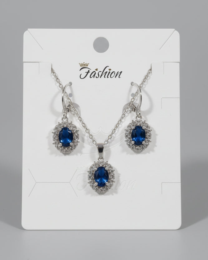 Classic Silver-Tone Sapphire Blue Oval Pendant and Earrings Set