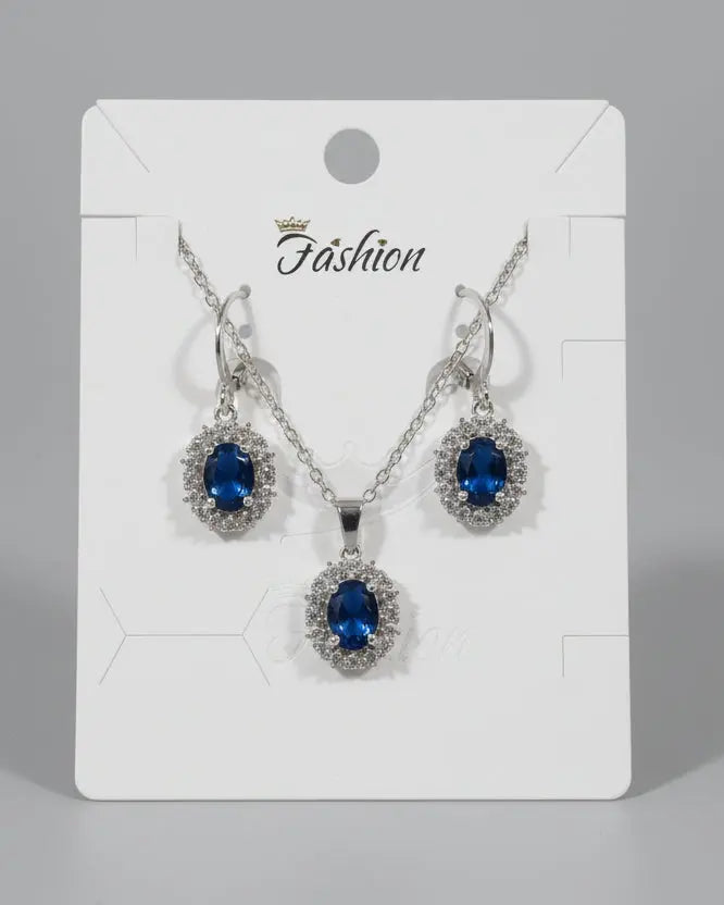 Classic Silver-Tone Sapphire Blue Oval Pendant and Earrings Set LAB BEAUTY