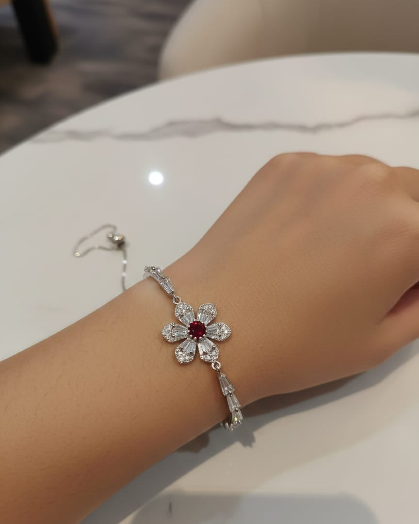 Dainty Silver Floral Bracelet – Blue Sapphire Centerpiece with Baguette Crystals