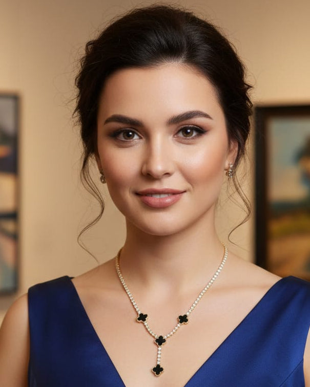 Elegant Black Clover Tennis Necklace – Gold-Plated Luxury Zirconia Chain