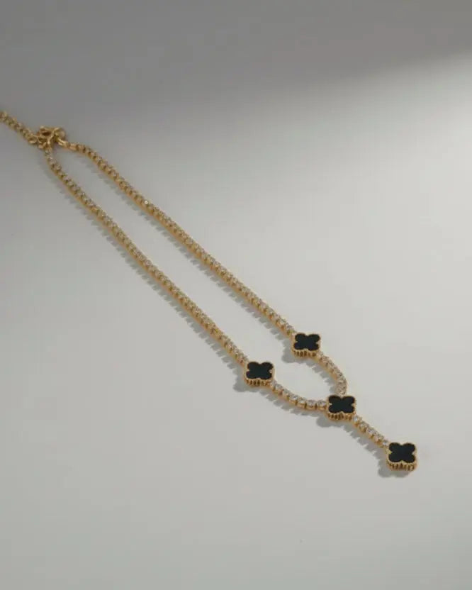 Elegant Black Clover Tennis Necklace – Gold-Plated Luxury Zirconia Chain LAB BEAUTY